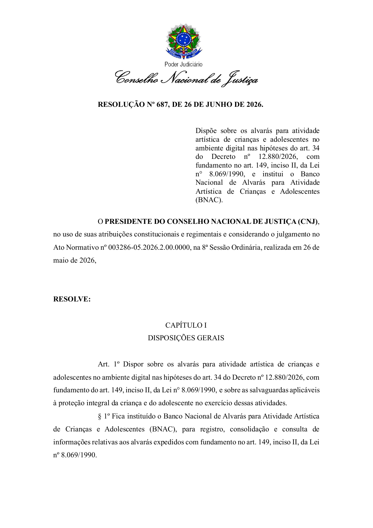Capa da Resolução CNJ nº 687/2026 que institui o Banco Nacional de Alvarás para Atividade Artística de Crianças e Adolescentes