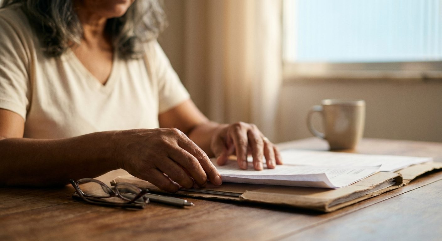 Mãos adultas organizando documentos e pastas sobre uma mesa de madeira, sob luz natural