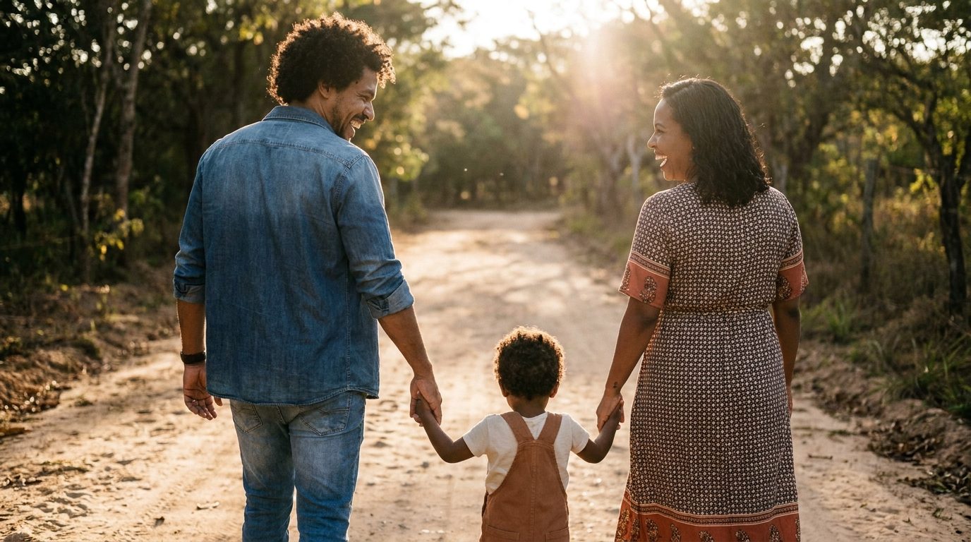Pai, mãe e filho pequeno de mãos dadas caminhando juntos por uma estrada de terra ao entardecer