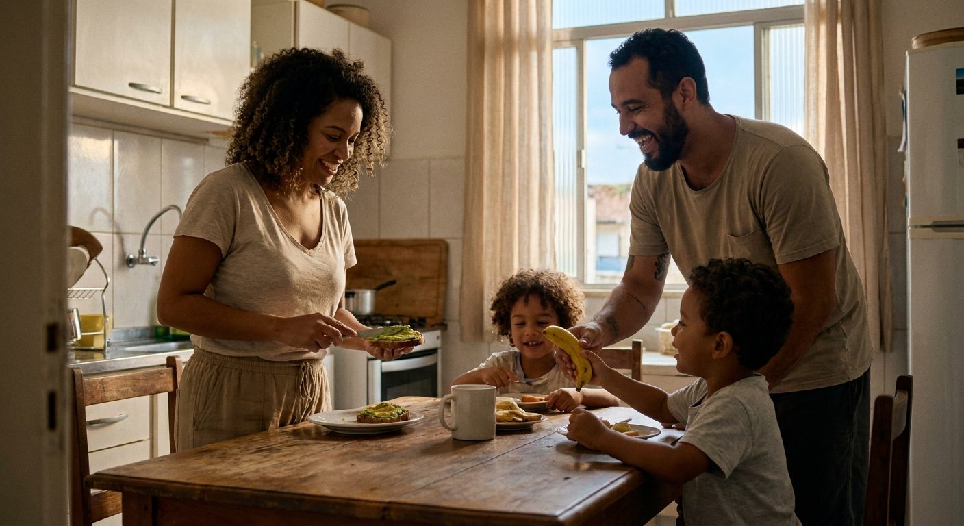 Mãe e pai preparando o lanche dos dois filhos na cozinha de casa em uma manhã comum
