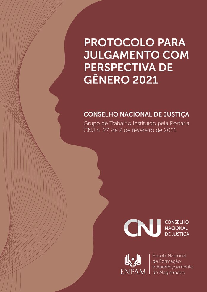 Capa do Protocolo para Julgamento com Perspectiva de Gênero, do Conselho Nacional de Justiça, com a silhueta de um rosto de mulher em fundo vinho